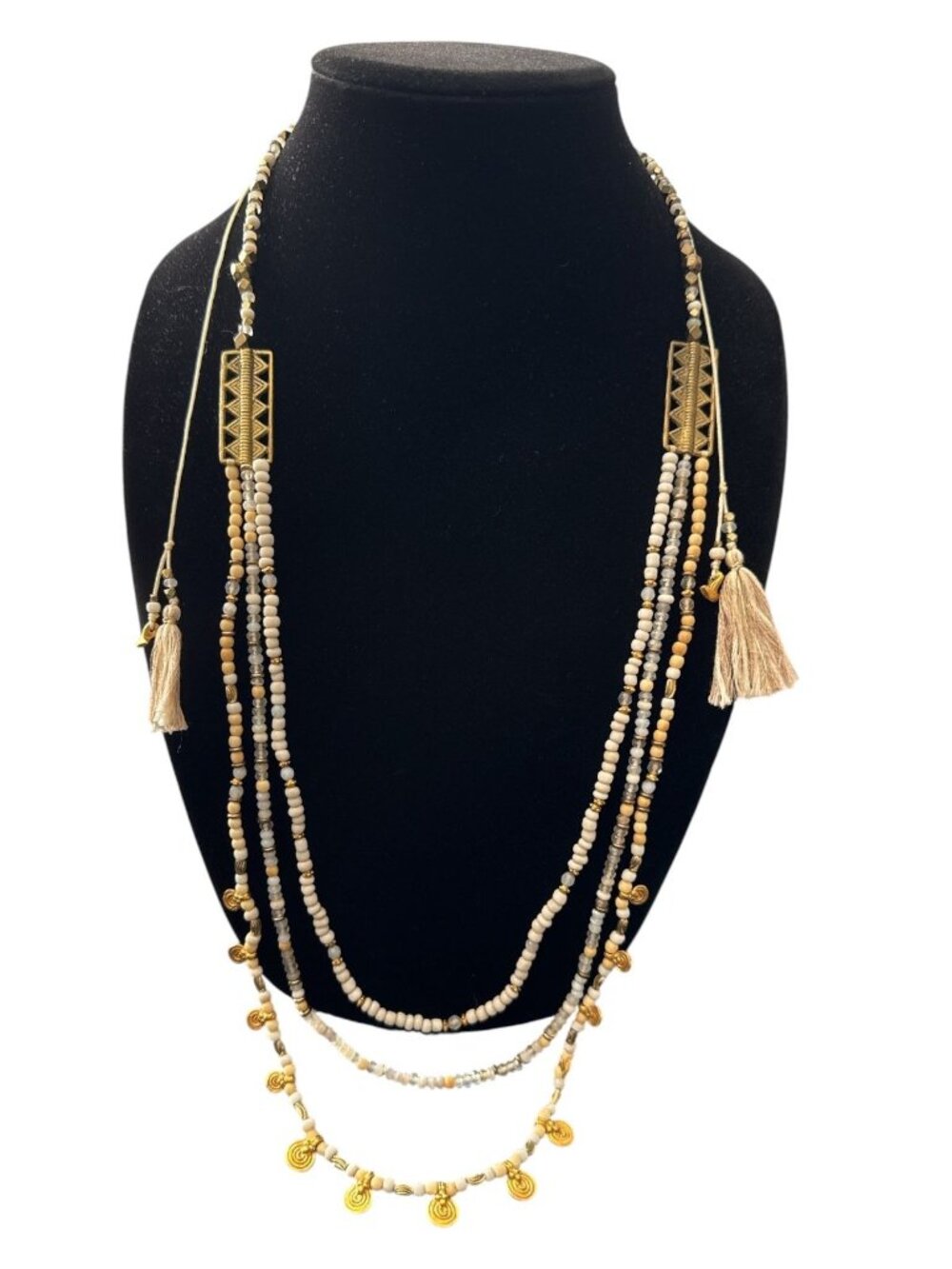 Chan Luu Beaded Multi-Strand Necklace Natural Stone Gold Charms Tassels Adjust.